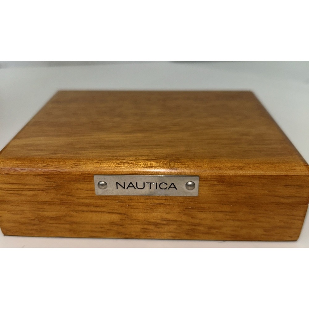 NAUTICA Empty Honey Tone Wood Valet Box Felt Botton 5.5 x 4.25 inches M70